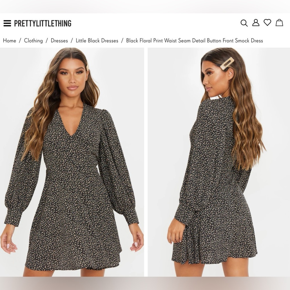 Black Floral Print Waist Seam Detail Button Front Smock Dress